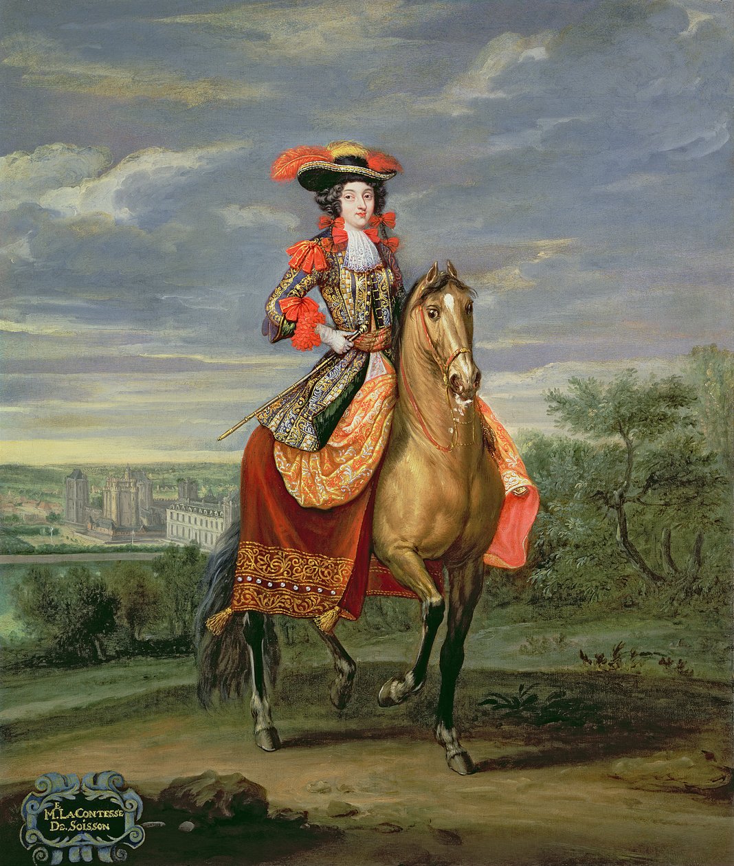 La Condesa de Soissons Montando con una Vista del Castillo de Vincennes de Jean-Baptiste Martin