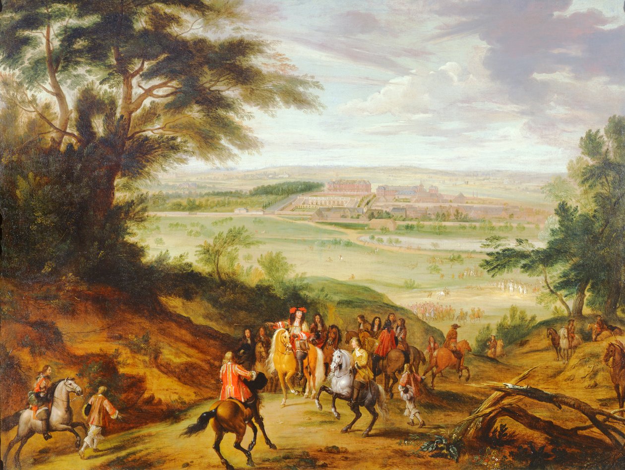 Luis XIV con Versalles en la distancia de Jean Baptiste Martin