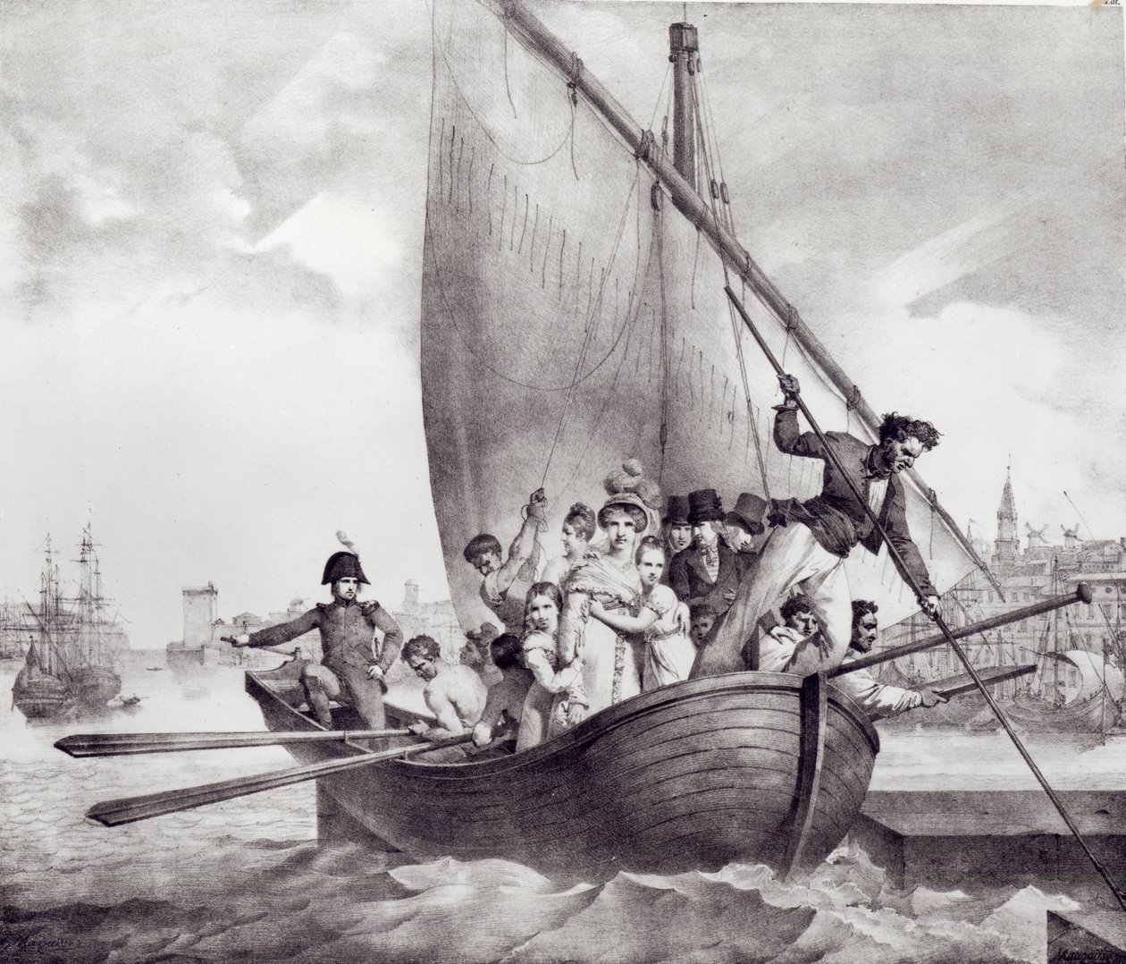 La familia Bonaparte llegando a Toulon (Francia), huyendo de Córcega, 17 de junio de 1793, grabado por Motte, Charles (1785-1836) de Jean Baptiste Mauzaisse