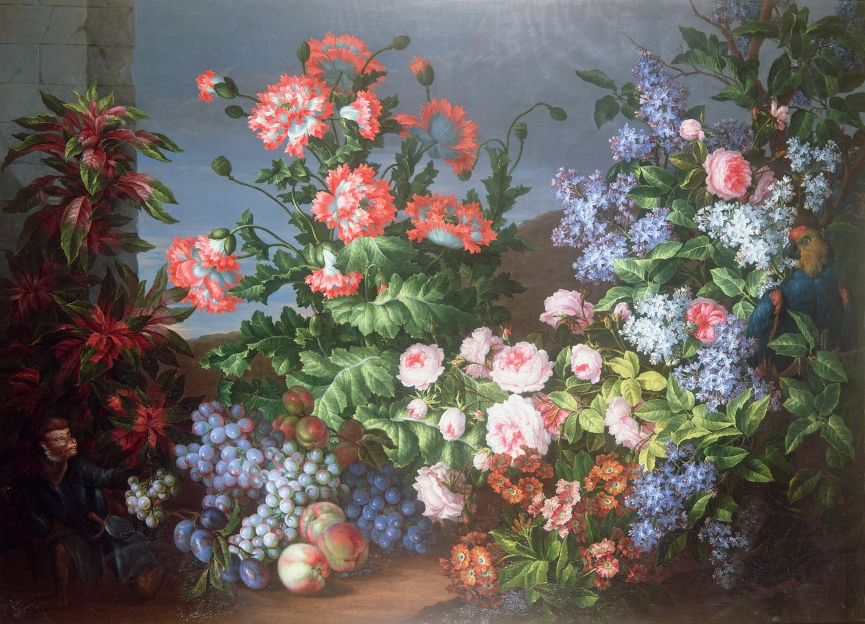 Flores, frutas con un mono y un loro de Jean Baptiste Monnoyer