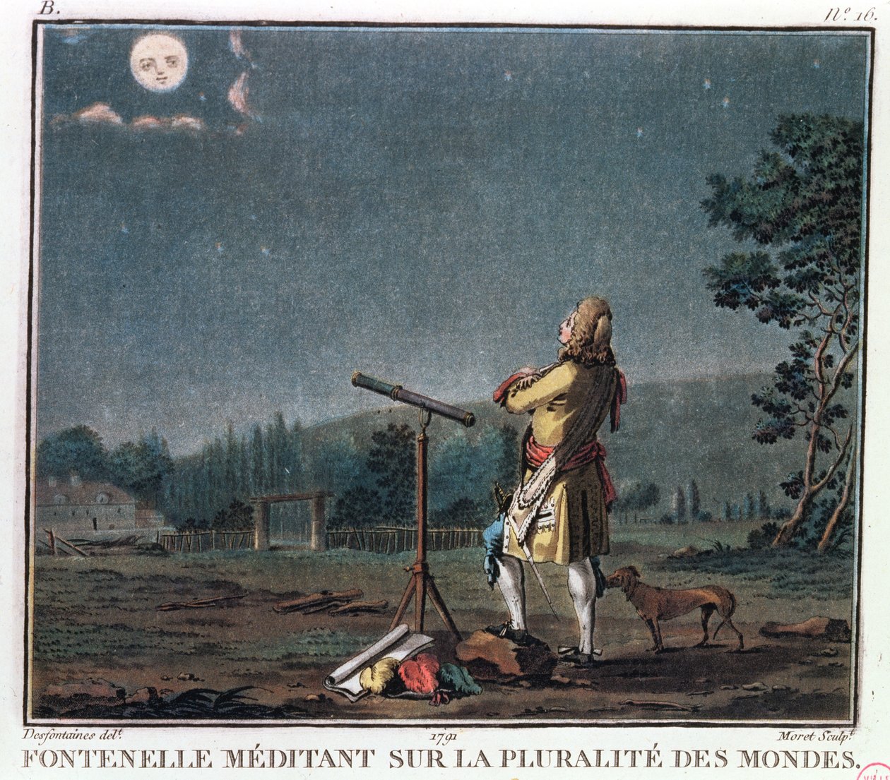 Bernard Le Bovier de Fontenelle (1657-1757) Meditando sobre la Proliferación de los Mundos, 1791 de Jean Baptiste Morret