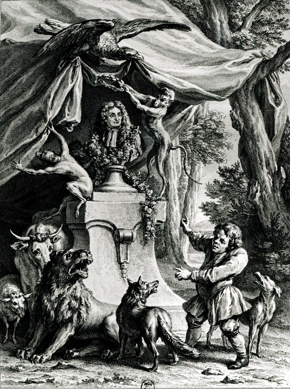 Retrato alegórico de Jean de La Fontaine (1621-95) rodeado de animales de sus fábulas de Jean Baptiste Oudry