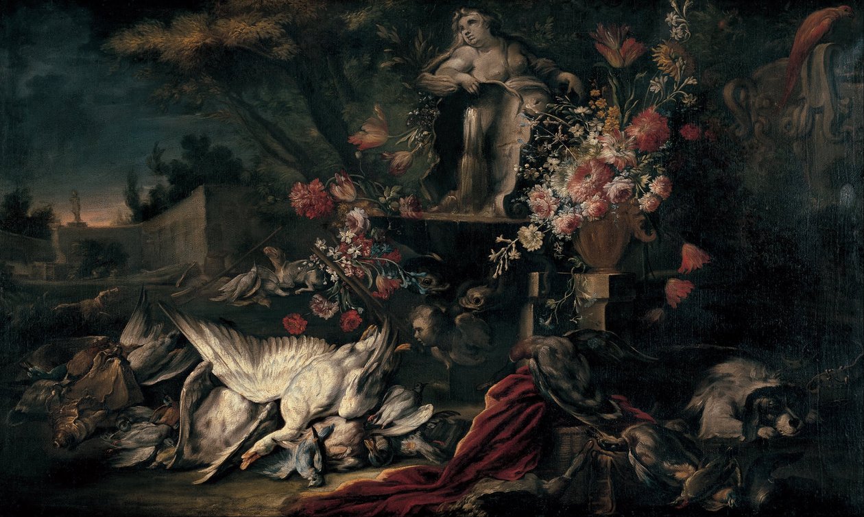 Naturaleza muerta con equipo de caza y flores I de Jean Baptiste Oudry