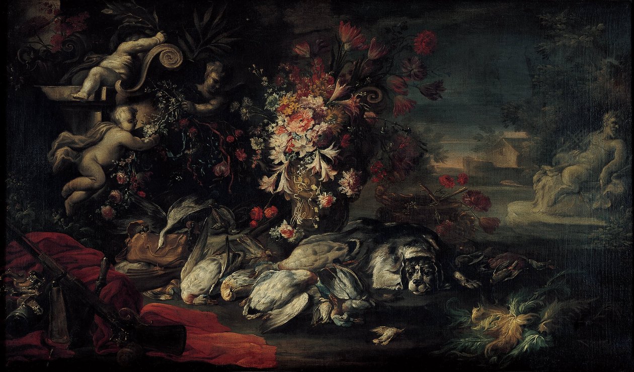 Naturaleza muerta con equipo de caza y flores II de Jean Baptiste Oudry