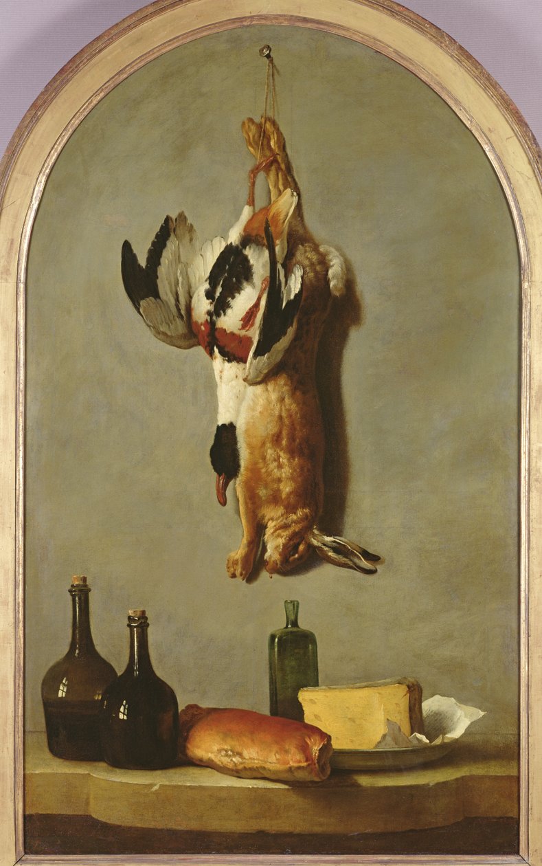 Naturaleza muerta (liebre, pato, botellas, pan y queso), 1742 de Jean Baptiste Oudry
