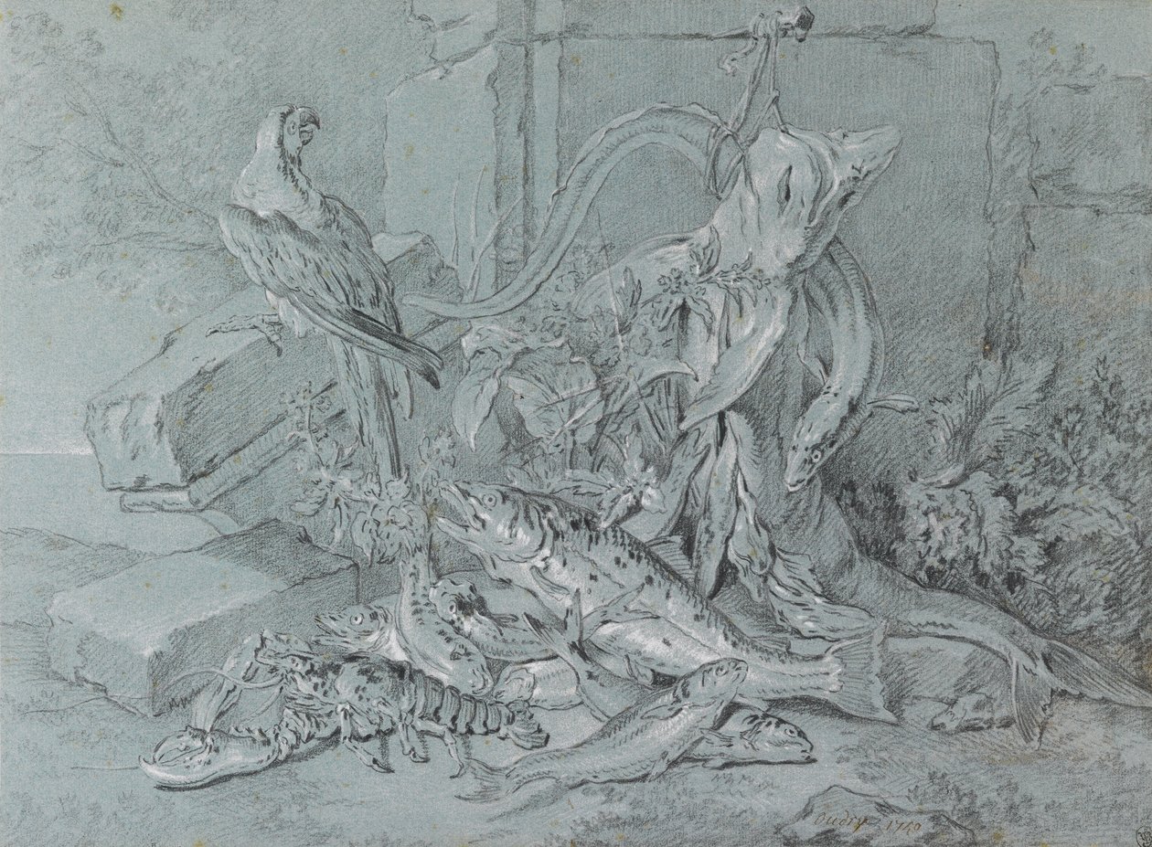 Bodegón con pescado y loro de Jean Baptiste Oudry