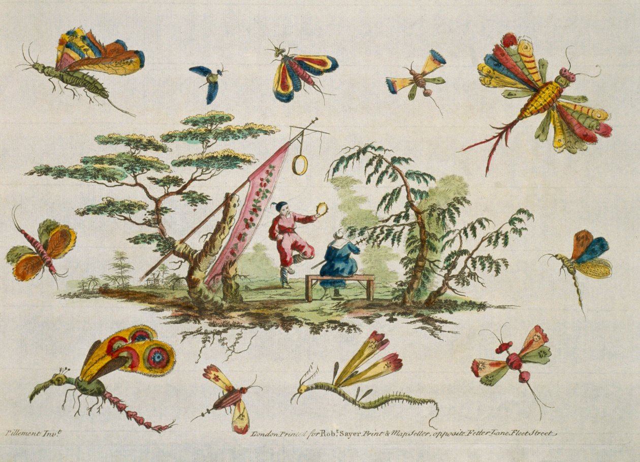 Ilustración que muestra mariposas y dos figuras centrales con vestimenta japonesa de 