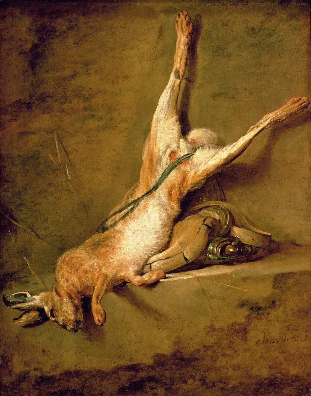 Liebre muerta con cuerno de pólvora y bolsa de caza, c.1726-30 de Jean Baptiste Simeon Chardin