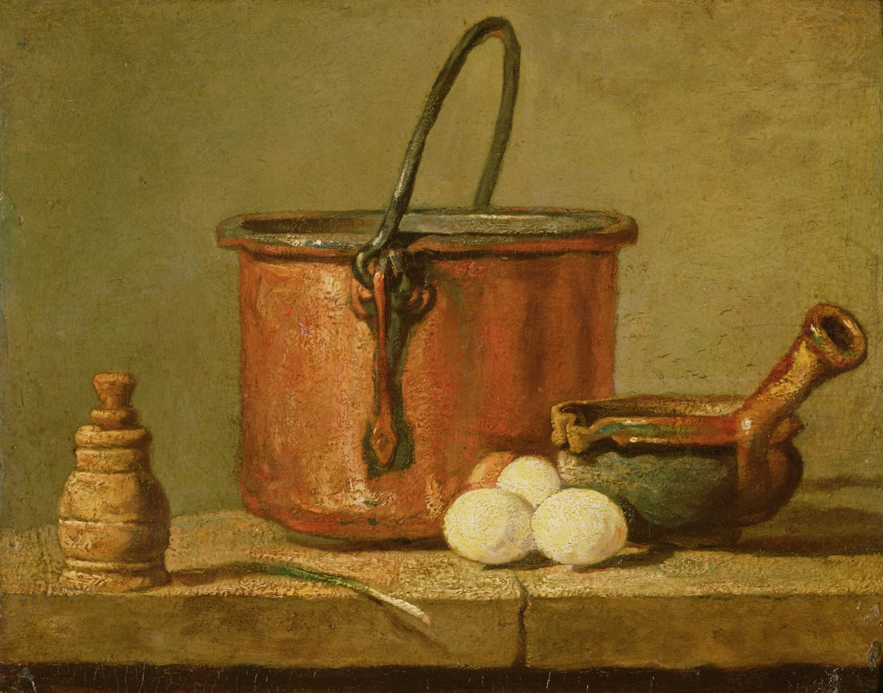 Bodegón de utensilios de cocina, caldero, sartén y huevos de Jean Baptiste Simeon Chardin