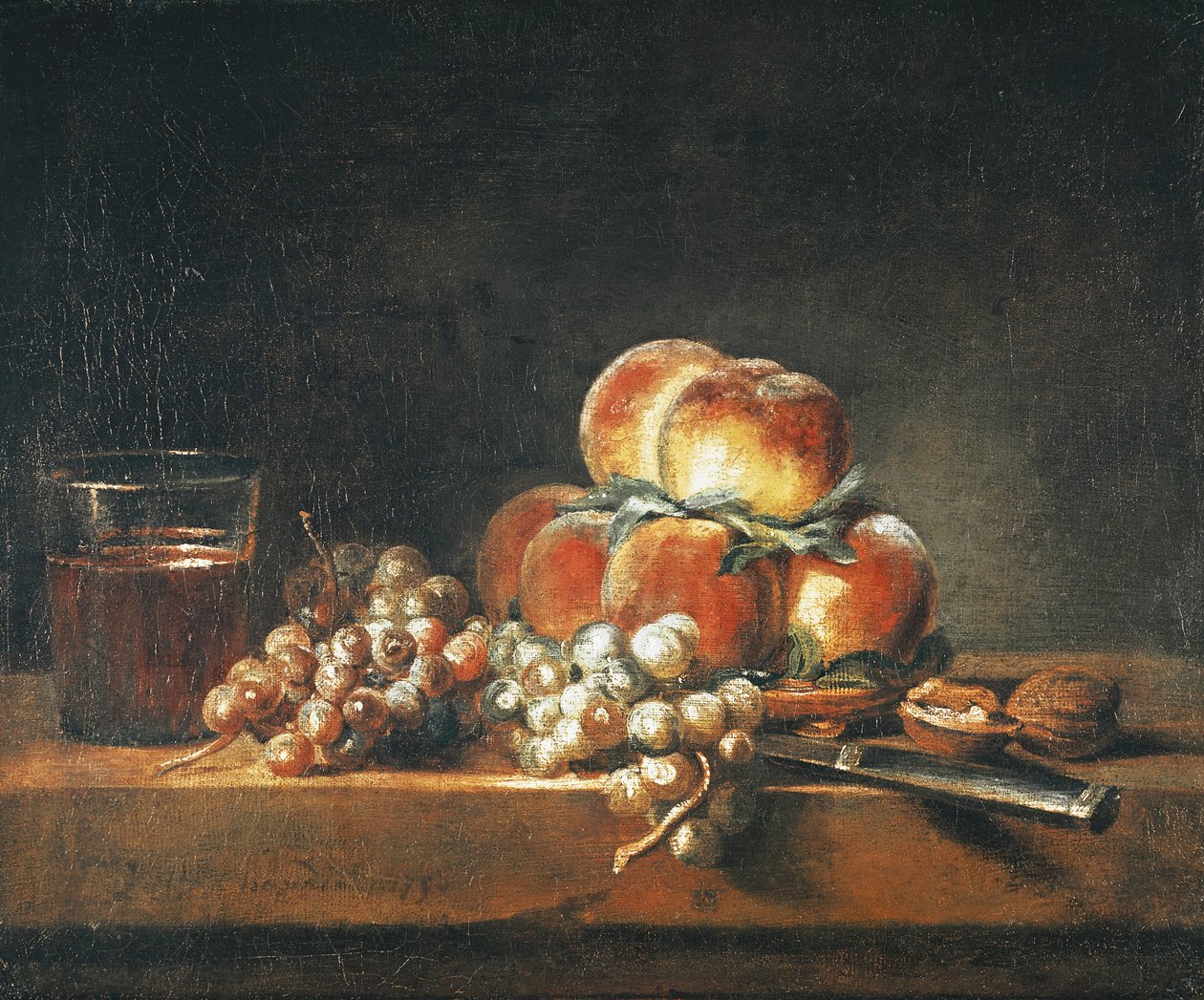 Naturaleza muerta de duraznos, nueces, uvas y una copa de vino, 1758 de Jean Baptiste Simeon Chardin