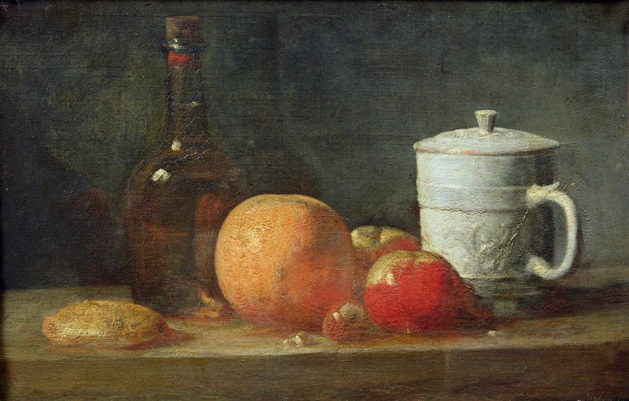 Naturaleza muerta con frutas y botella de vino de Jean Baptiste Simeon Chardin