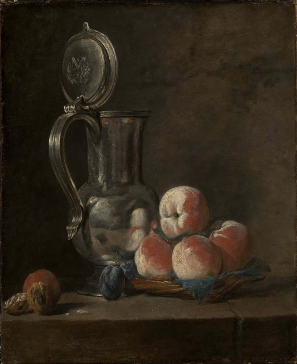 Naturaleza muerta con jarra de estaño y duraznos de Jean Baptiste Simeon Chardin