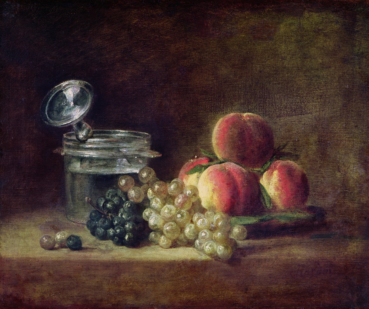 Naturaleza muerta con una cesta de duraznos, uvas blancas y negras con enfriador y copa de vino, c.1759 de Jean Baptiste Simeon Chardin