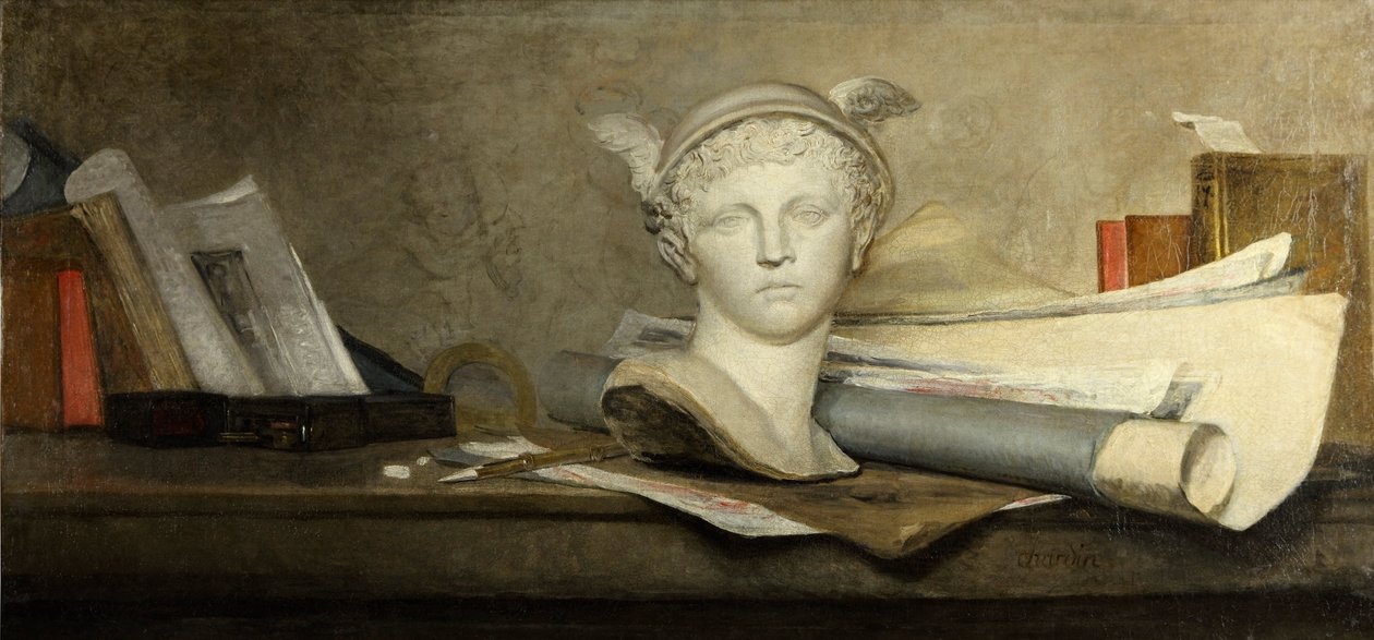 Naturaleza muerta con atributos de las artes de Jean Baptiste Simeon Chardin