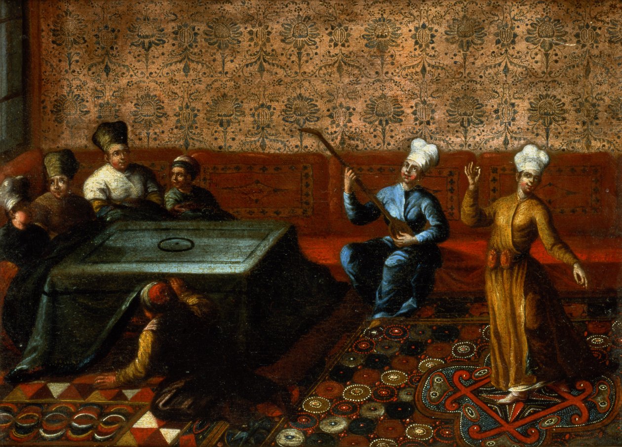 Figuras reunidas alrededor de un kursi con un músico y una bailarina actuando frente a ellos de Jean Baptiste Vanmour
