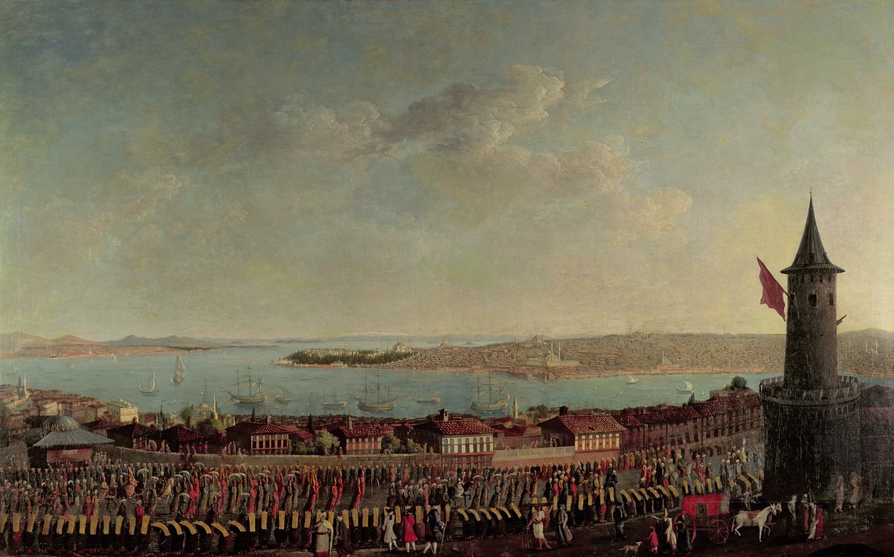 Vista de Constantinopla con una procesión de jenízaros pasando la Torre de Gálata de Jean Baptiste Vanmour