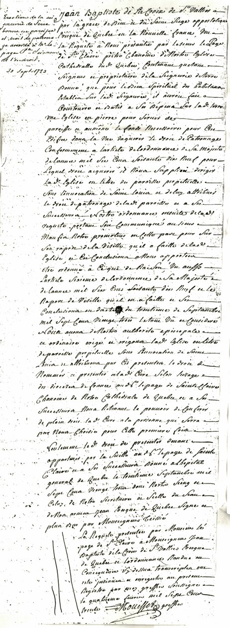 Decreto de erección de la parroquia de Saint-Louis-de-France de Terrebonne de Jean Baptiste de La Croix