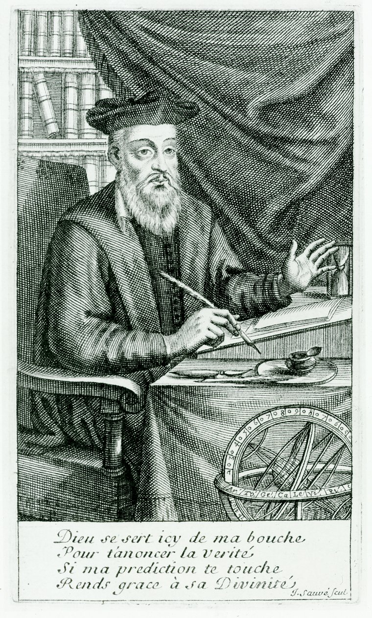 Michel de Nostredame (Nostradamus) (1503-66) Escribiendo sus Profecías, grabado por Jean Sauve (fl.1660-91) de Jean Boulanger