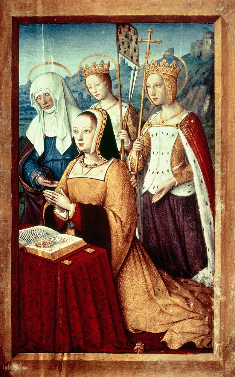 Ms lat 9474 f.3v Ana de Bretaña con Santa Ana, Santa Úrsula y Santa Elena, miniatura de las Grandes Horas de Ana de Bretaña, c.1503-8 de Jean Bourdichon