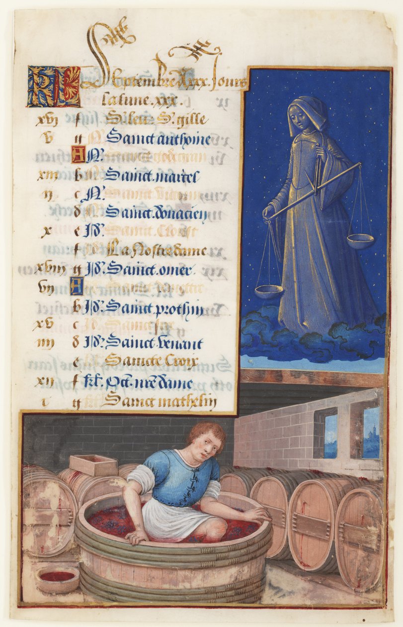 Virgo y pisando uvas, calendario para los días festivos celebrados en septiembre, c.1500 de Jean Bourdichon