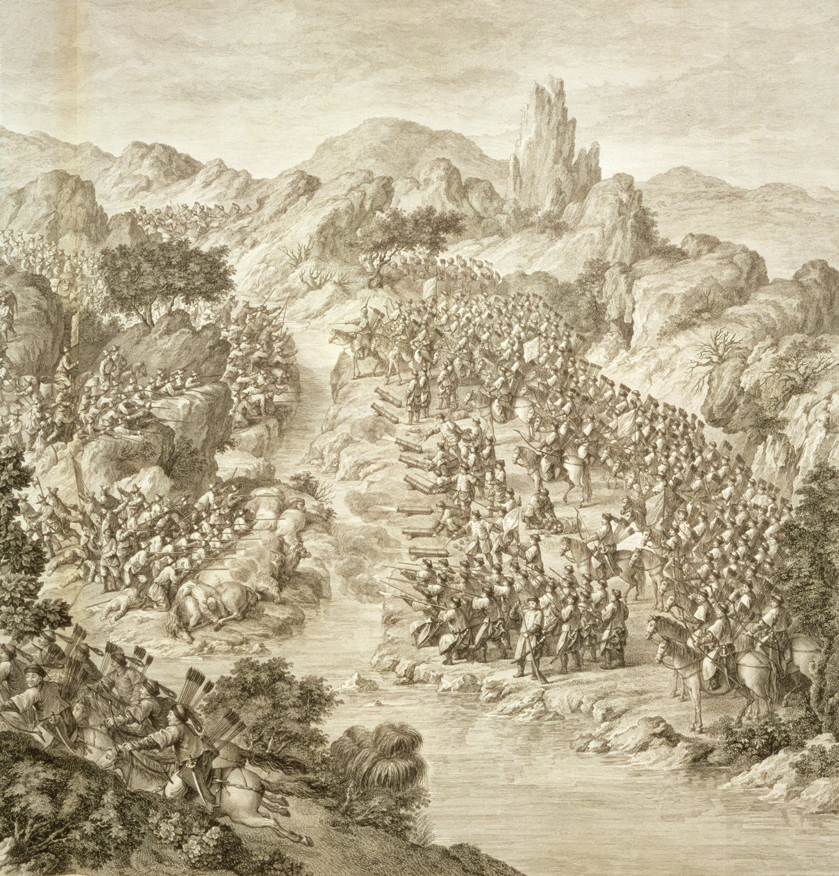 La primera batalla entre el ejército chino y el de los Eleuths en 1759, detalle de la lucha a través del río, lámina 10 de una serie de grabados que representan las conquistas de Qianlong, el Emperador de China de Jean Damascene