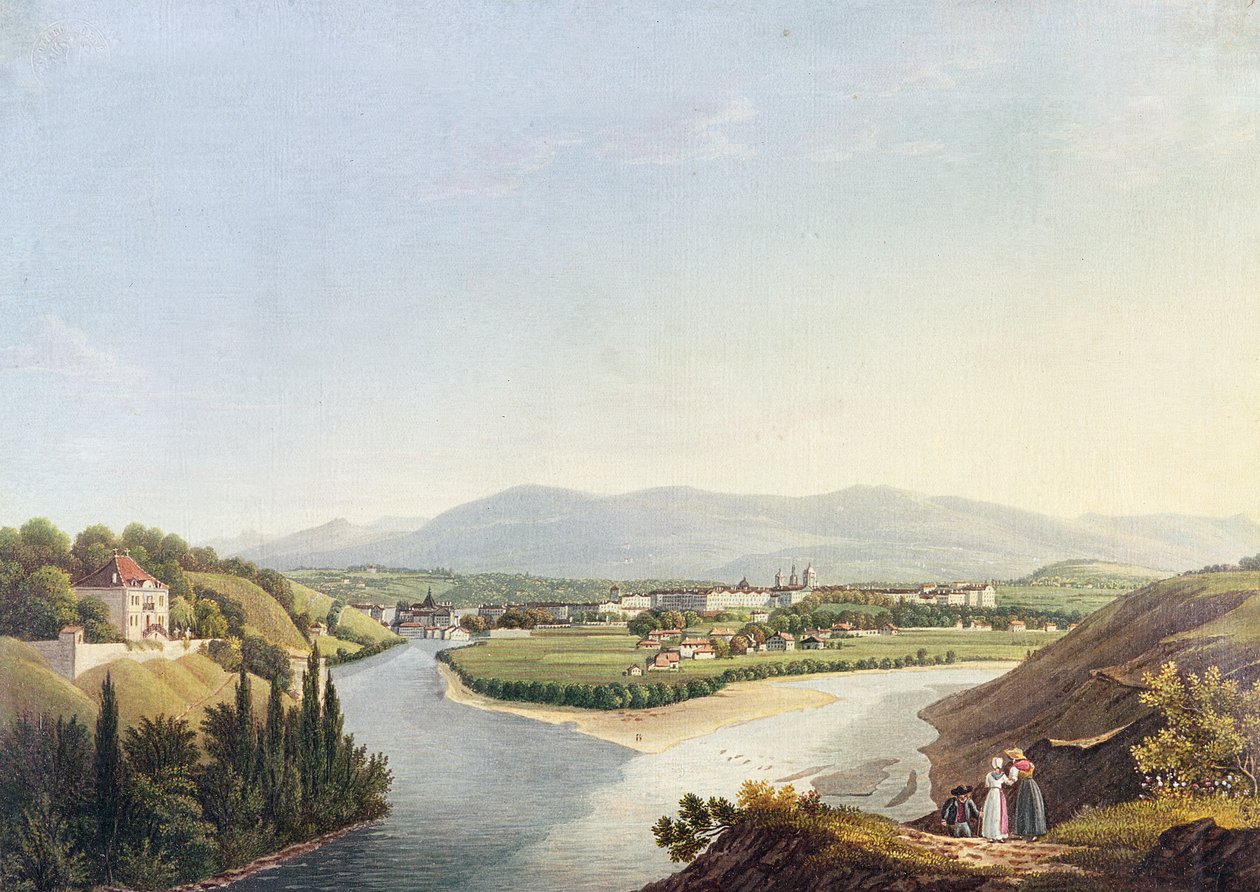 Vista de Ginebra desde la confluencia del Ródano y el Arve, grabado por Friedrich Salathe (1793-1860) de Jean Dubois