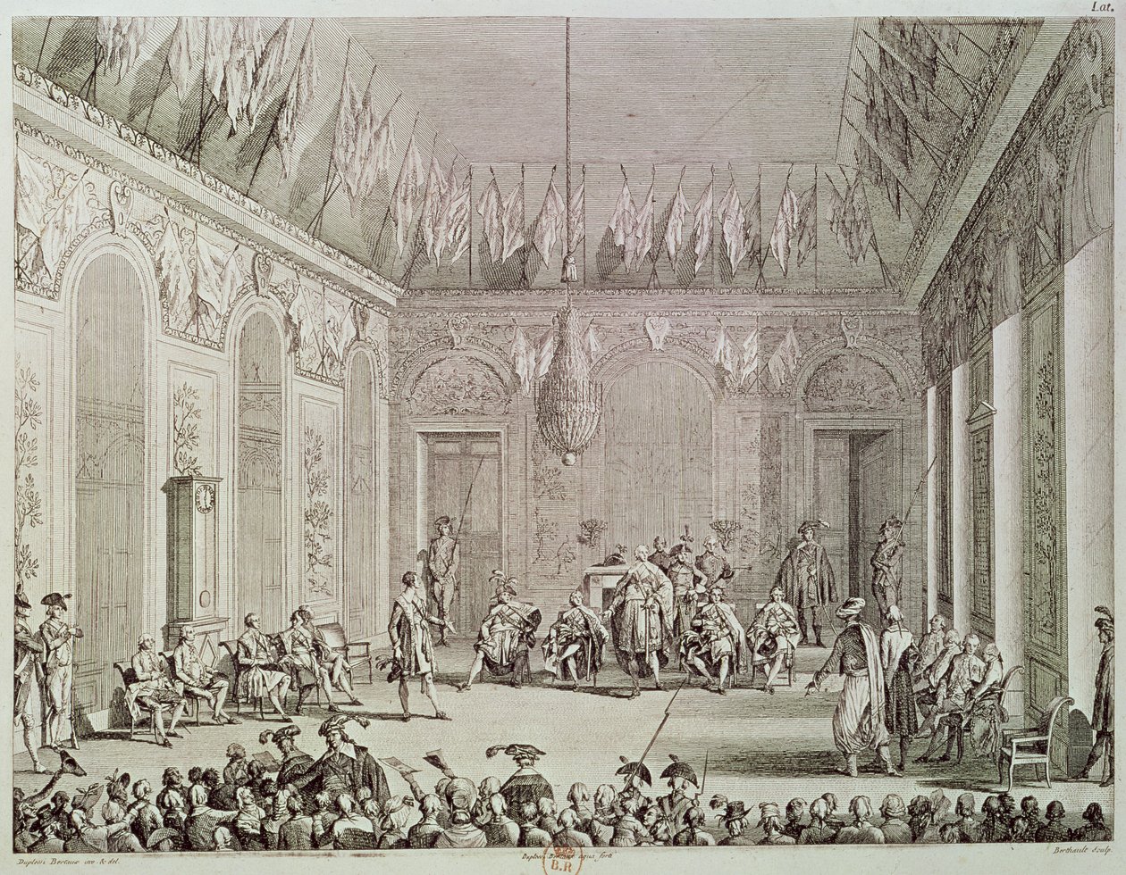 La audiencia formal del Directorio, 30 de Brumario Año IV (20 de noviembre de 1795) grabado por Pierre Gabriel Berthault de Jean Duplessi Bertaux