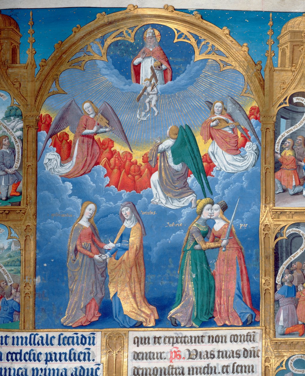 La Trinidad rodeada por tres ángeles y debajo de ellos personificaciones de Misericordia y Verdad y Justicia abrazando la Paz (Salmo 85), c.1475 (detalle) de Jean Fouquet