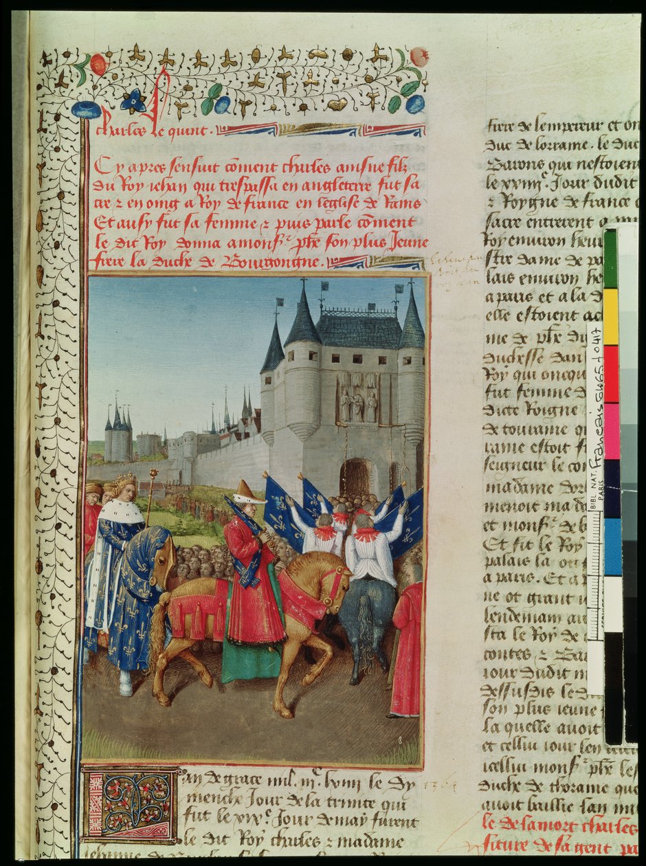 Ms 6465 f.417 La llegada de Carlos V (1337-80) a París, 28 de mayo de 1364, c.1460 de Jean Fouquet