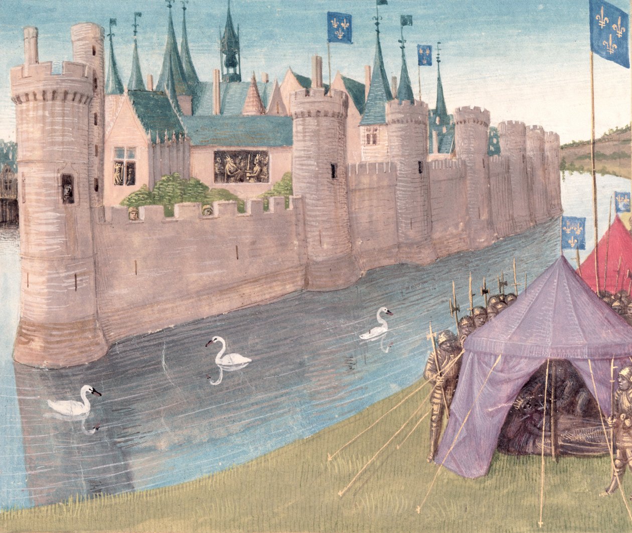 Ms Fr 6465 f.25 Muerte de Clothar I (d.561) y la división de su reino, Grandes Crónicas de Francia de Jean Fouquet