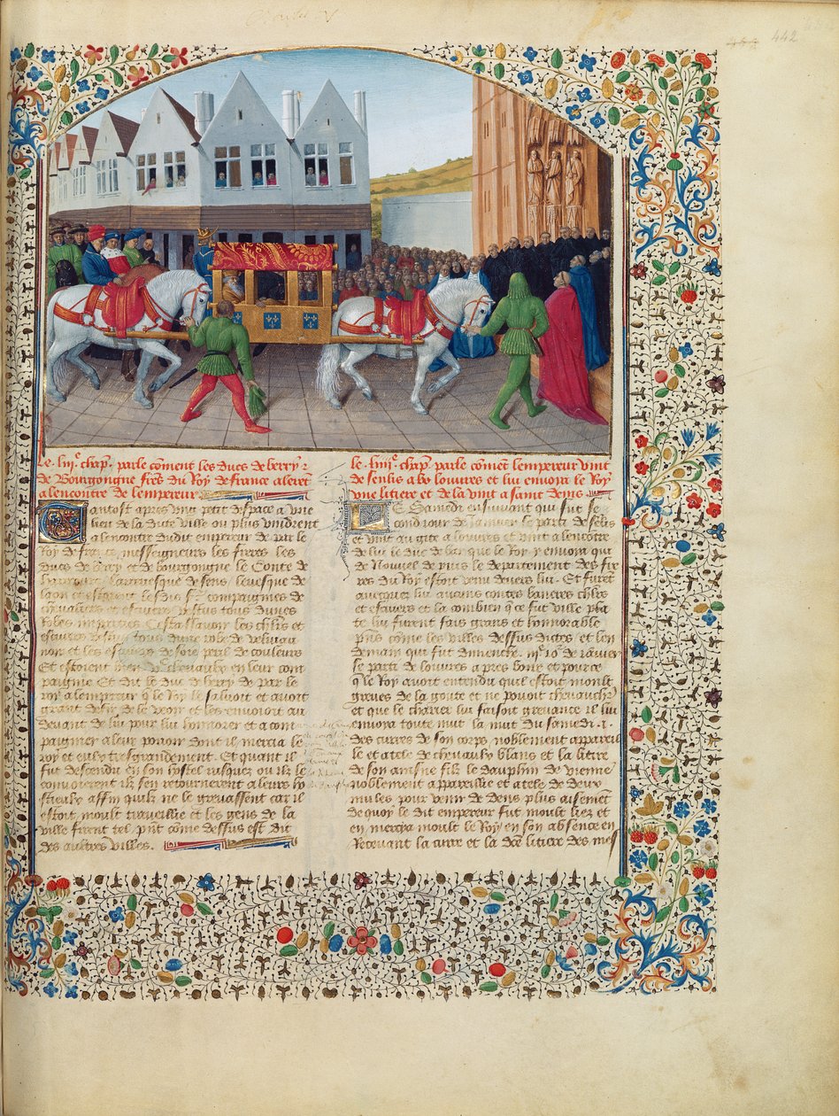 Llegada del emperador Carlos IV (1316-78) a la Basílica de Saint-Denis, de las Grandes Crónicas de Francia, c.1460 de Jean Fouquet