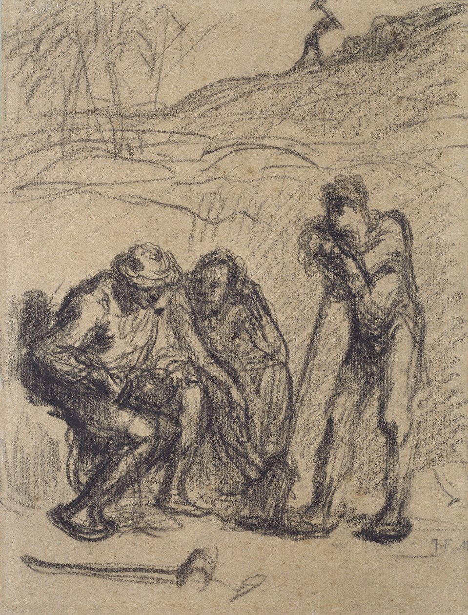 Tres campesinos descansando, uno apoyado en una pala de Jean Francois Millet