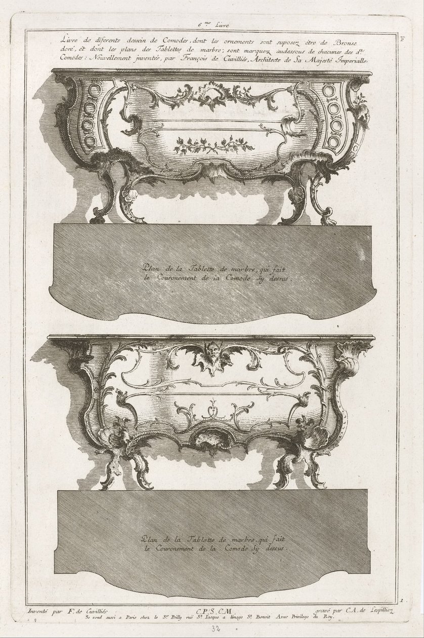 Deux différents desseins de Comodes de Jean François Cuvilliés