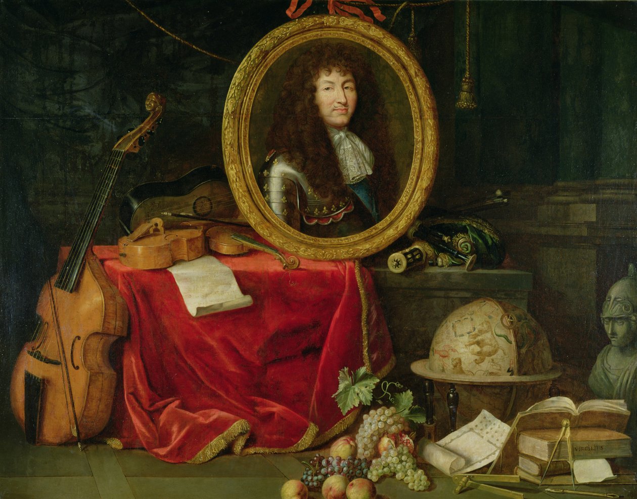 Naturaleza muerta con retrato del Rey Luis XIV (1638-1715) rodeado de instrumentos musicales, flores y frutas, 1672 de Jean Garnier