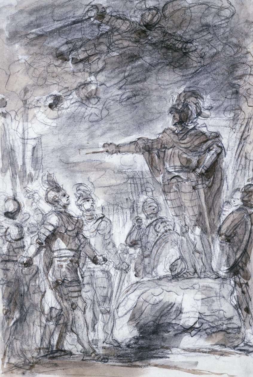 Escena de Orlando Furioso de Ariosto: Rodomonte y Mandricardo exponen su caso ante Agramante de Jean Honore Fragonard