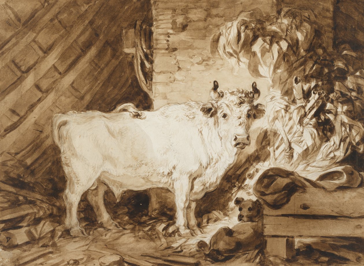 Toro blanco y un perro en un establo de Jean Honore Fragonard