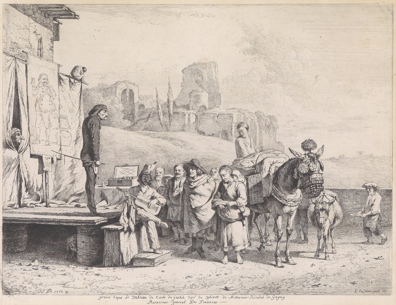 Caravana teatral en un paisaje italianizante con ruinas de Jean Jacques de Boissieu