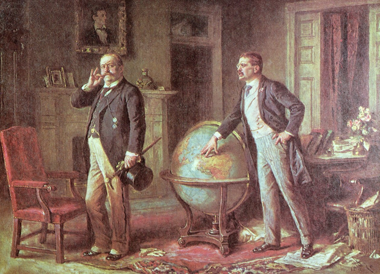 El Presidente Theodore Roosevelt de los Estados Unidos de América y el Kaiser Alemán Wilhelm II, en la disputa sobre el Bloqueo Alemán de Venezuela, 1902 de Jean Leon Gerome Ferris