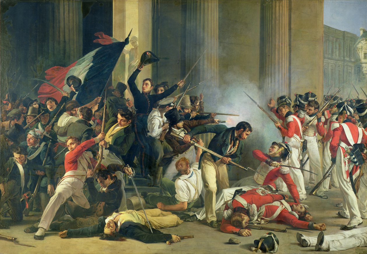 Escena de la Revolución de 1830 en el Louvre de Jean Louis Bezard