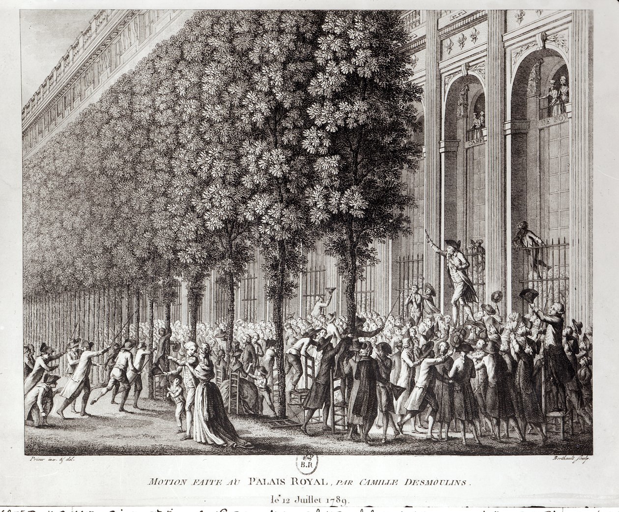 Camille Desmoulins (1760-94) hablando en el Palais Royal, 12 de julio de 1789, grabado por Pierre Gabriel Berthault (1737-1831) de Jean Louis the Younger Prieur
