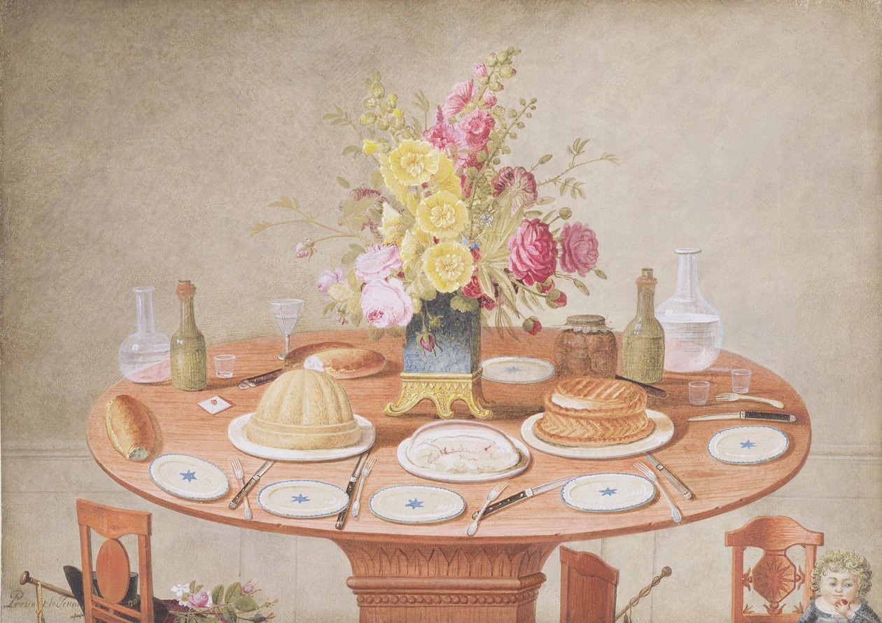Naturaleza Muerta con un Jarrón de Flores en una Mesa Puesta para una Comida, c.1810 de Jean Louis Prevost