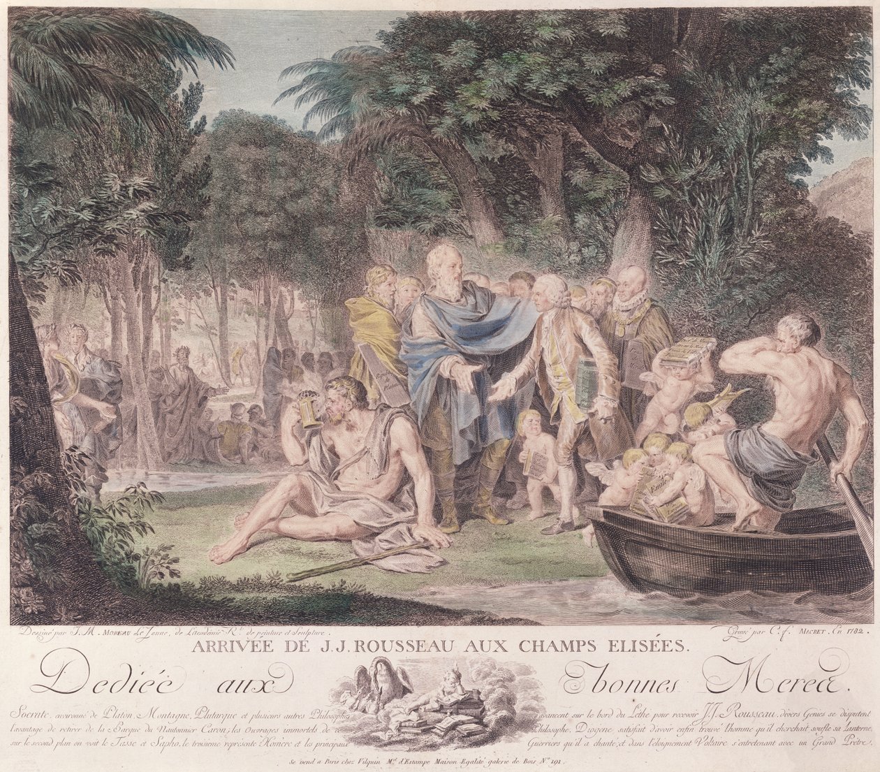 Llegada de Jean-Jacques Rousseau (1712-78) a los Campos Elíseos, 1782 de Jean Michel the Younger Moreau