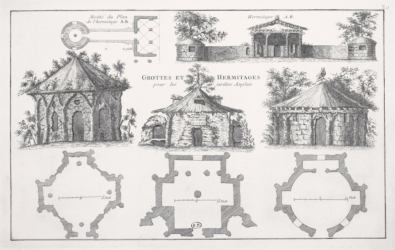 Diseños para grutas y ermitas en jardines ingleses de Jean Nicolas Le Rouge