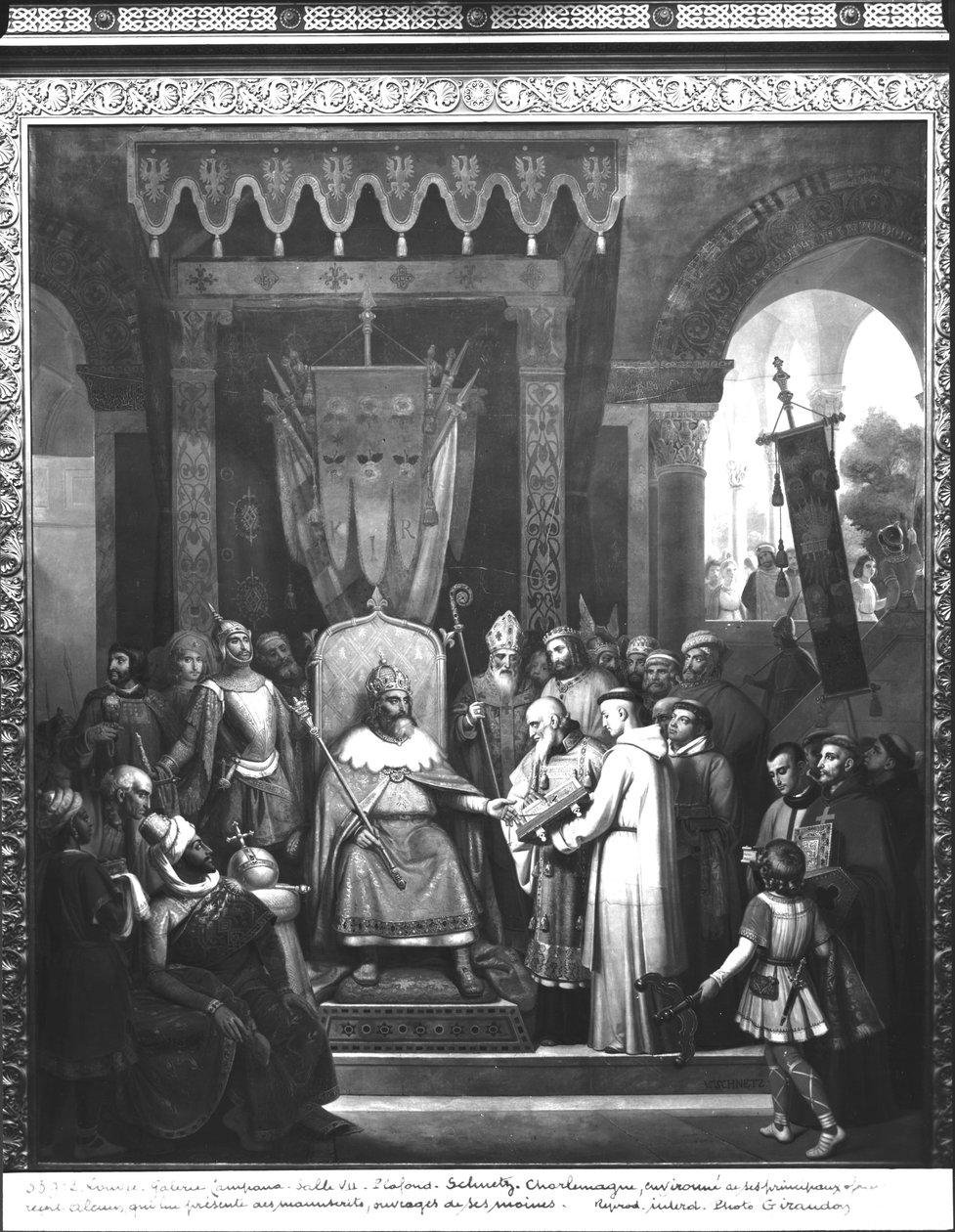 Emperador Carlomagno rodeado de sus principales oficiales, recibiendo a Alcuino quien presenta algunos manuscritos hechos por sus monjes de Jean Victor Schnetz