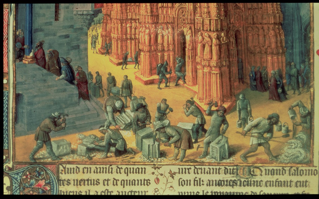 La construcción del Templo de Jerusalén, detalle que muestra a los albañiles trabajando, ilustración de 