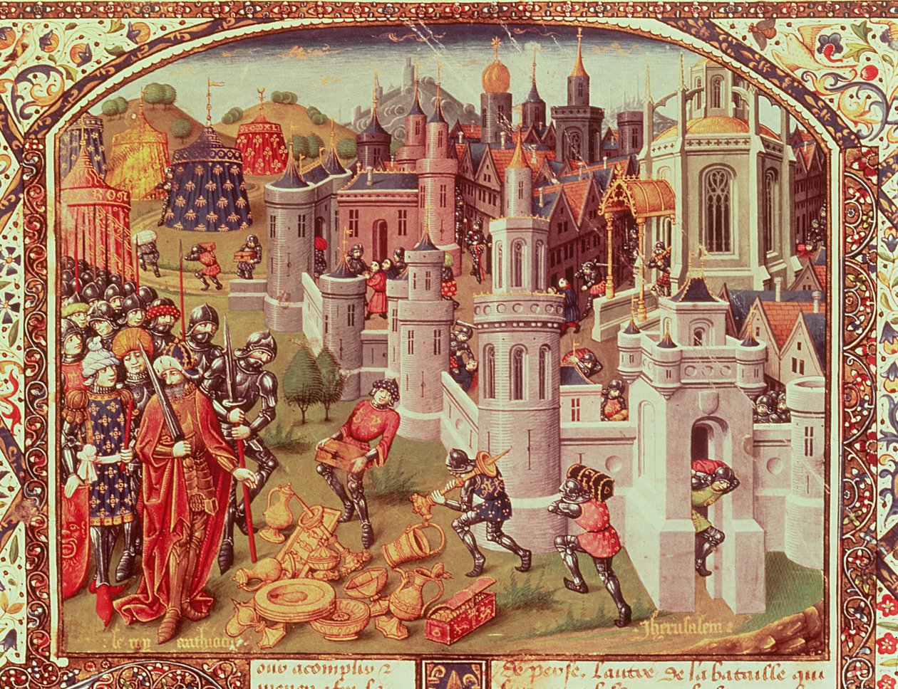 El saqueo de Jerusalén tras la captura por los cristianos en 1099, miniatura iluminada de una crónica universal, 1440 de Jean de Courcy