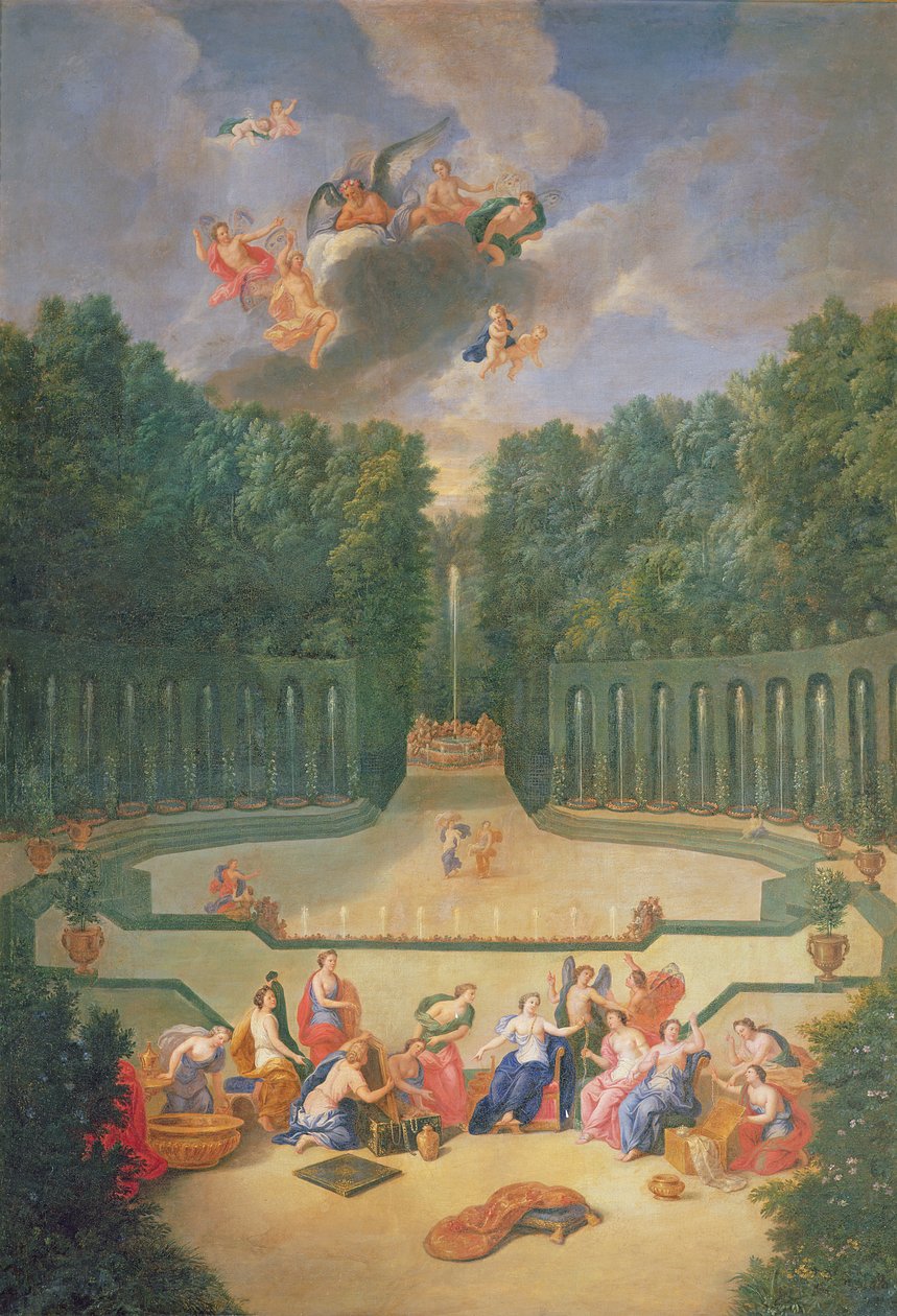 Los bosques de Versalles. Vista del anfiteatro y el teatro de agua con Venus rodeada por las horas en presencia de Urano de Jean the Younger Cotelle