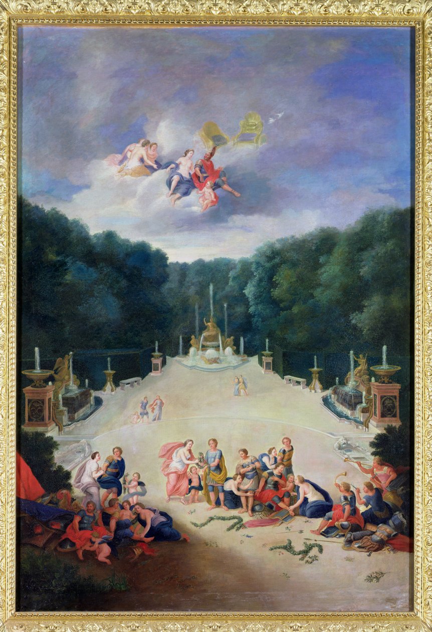 Los bosques de Versalles. Vista del Arco de Triunfo y Francia triunfante con ninfas encadenando cautivos ante Venus y Marte, 1688 de Jean the Younger Cotelle