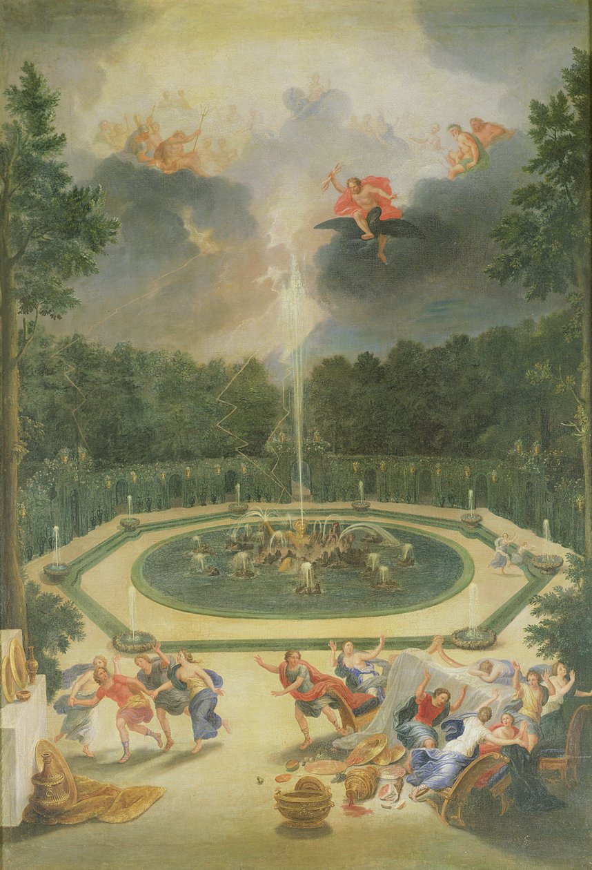 Los bosques de Versalles. Vista de la Fuente de Encélado con la Fiesta de Licaón de Jean the Younger Cotelle