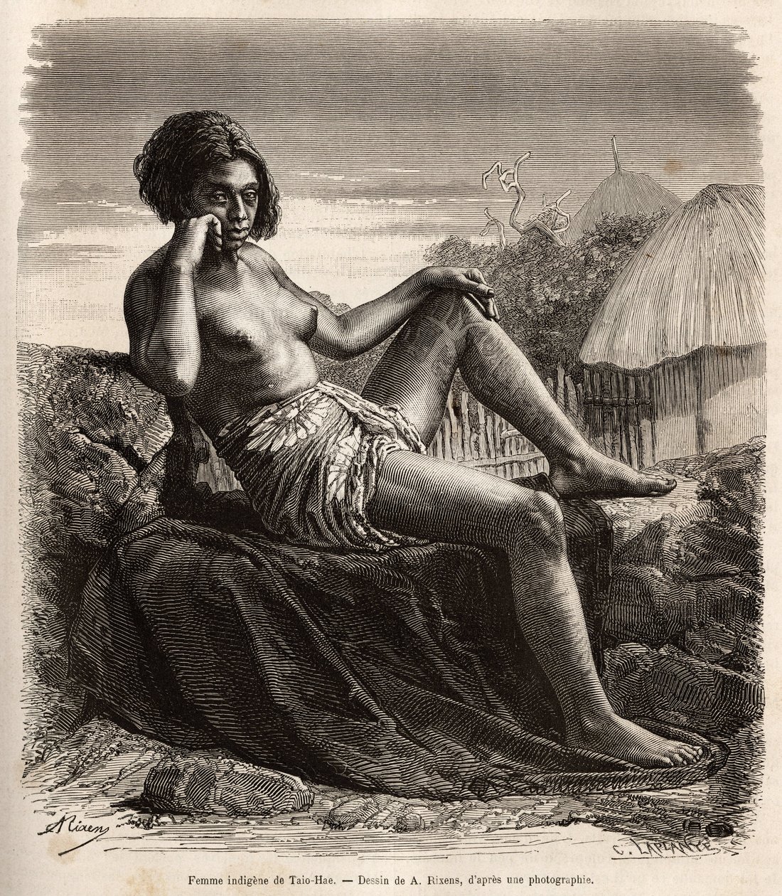 Mujer nativa de Taio-Hae (o Taio Hae), en el archipiélago de las Marquesas, mostrando despreocupadamente sus piernas tatuadas, grabado después de un dibujo de A.Rixens ilustrando los recuerdos del Pacífico, en 1872-1874, por A.Pailhes, un signo de barco, p de Jean Andre Rixens